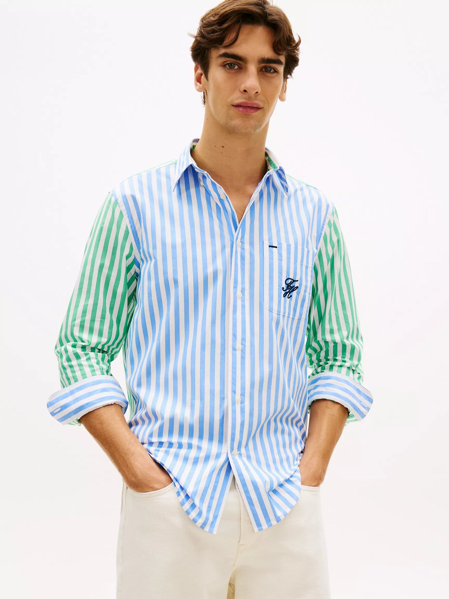 Chemise coupe classique à rayures mixtes, toucher papier