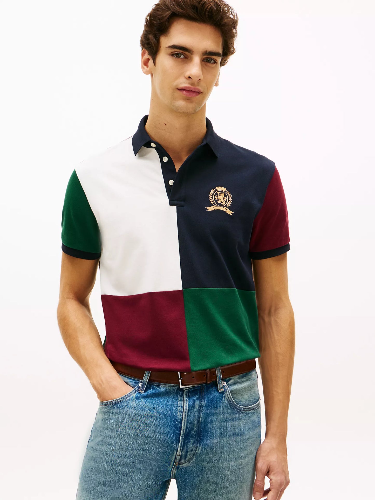Polo en piqué stretch colorblock avec logo écusson Vert