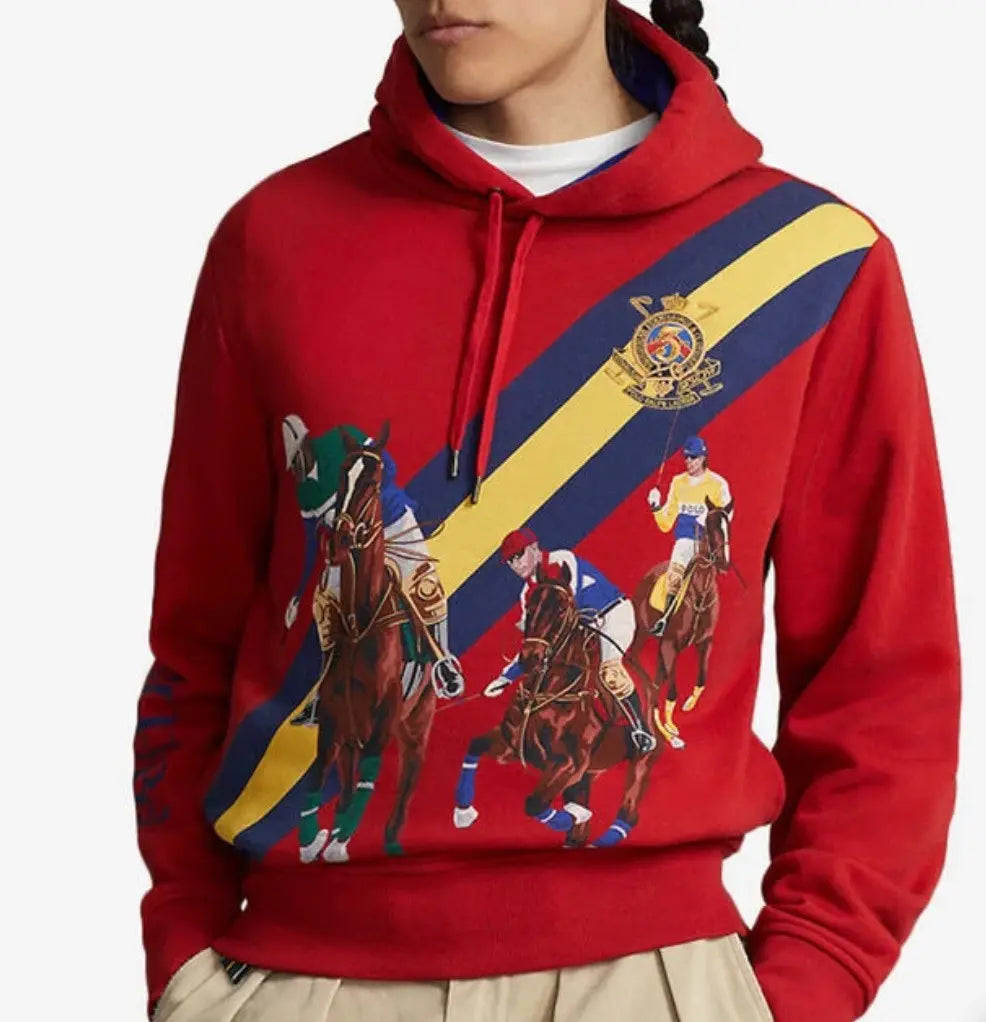 Pull à capuche rouge  avec imprimé équestre