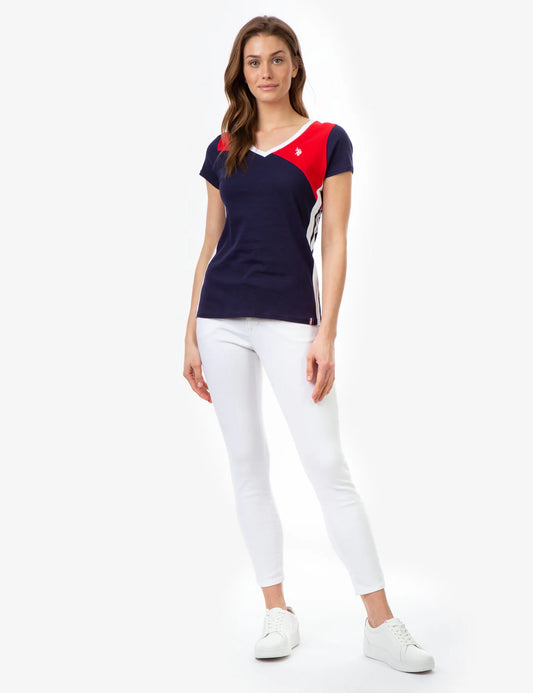 T-shirt col V colorblock