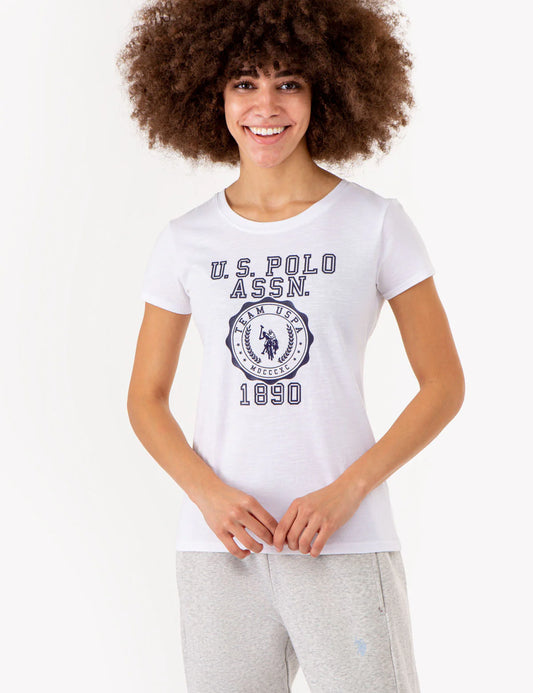T-shirt col dégagé avec imprimé blason