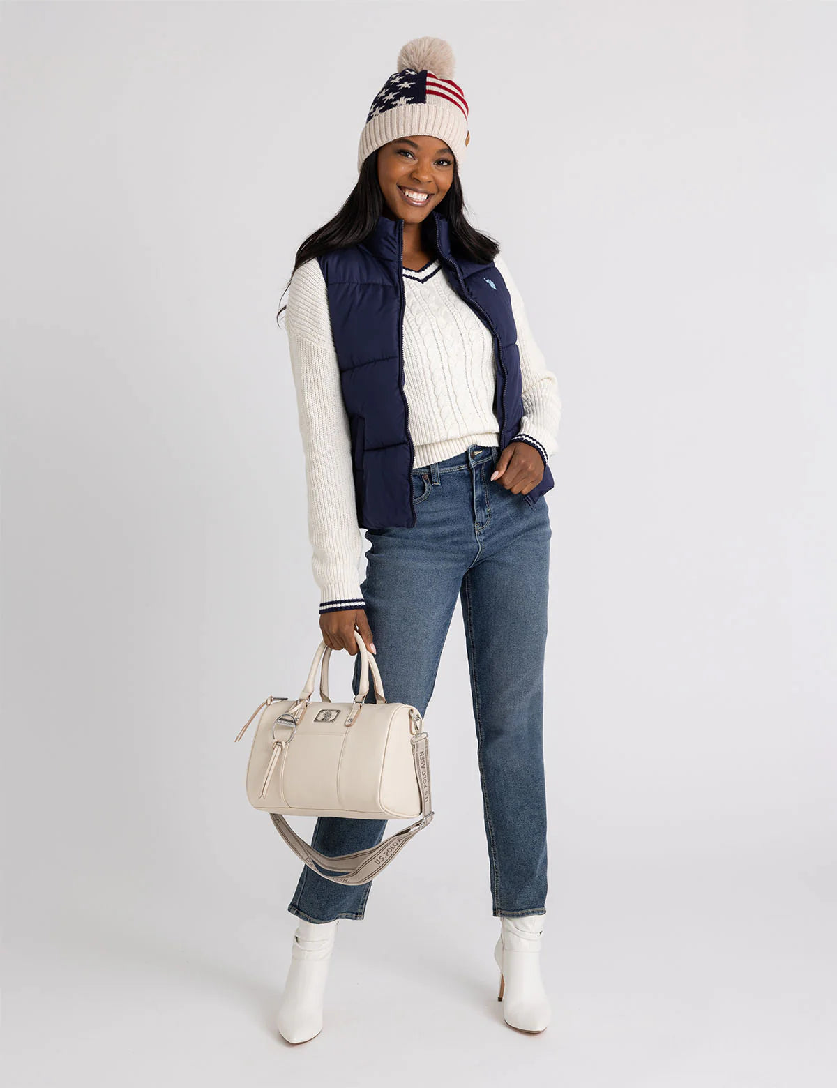 Bonnet Americana doublé en polaire pour femme avec pompon