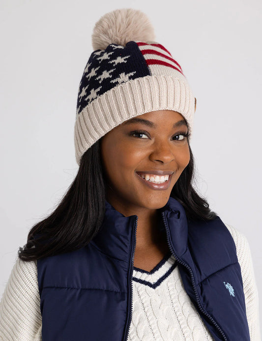 Bonnet Americana doublé en polaire pour femme avec pompon