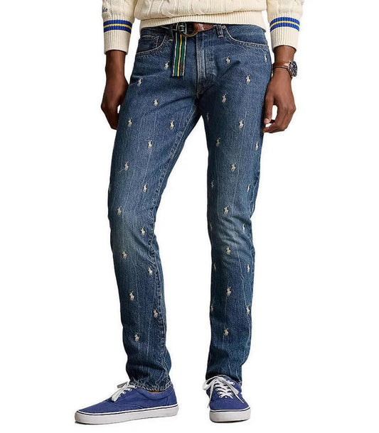 Jean Varick slim droit bleu pour homme – motif poney all-over