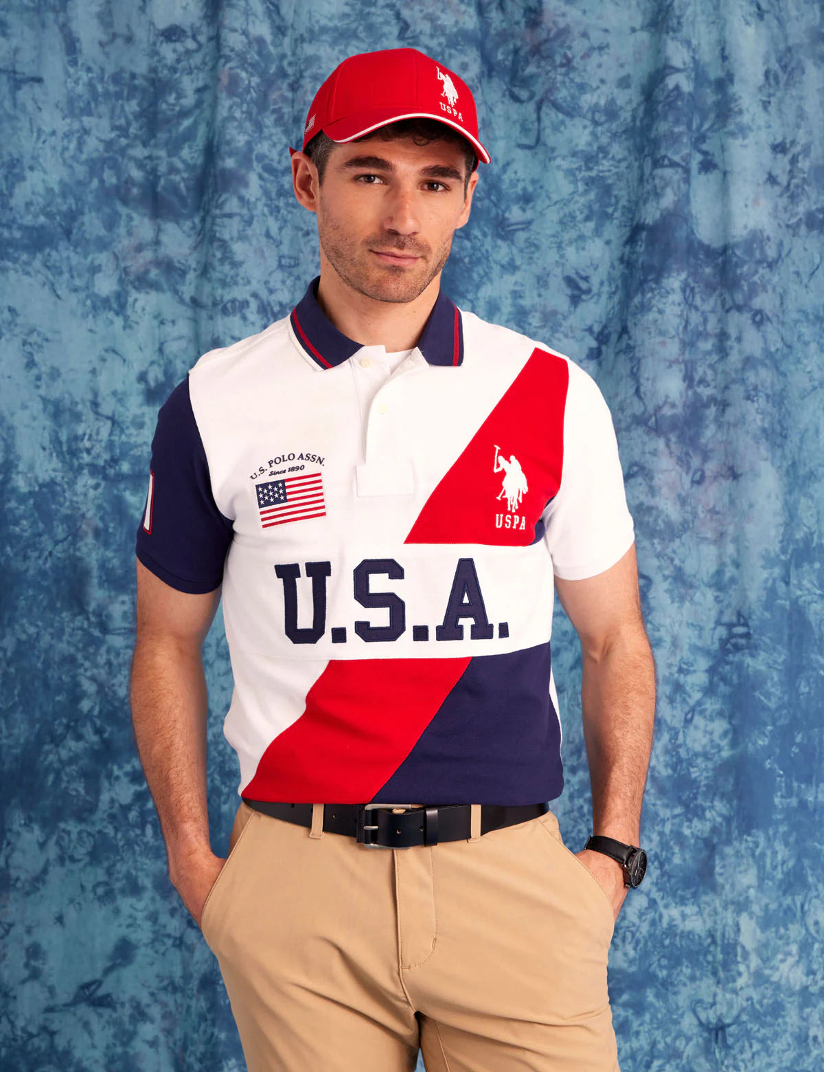 Polo piqué colorblock avec bande USA