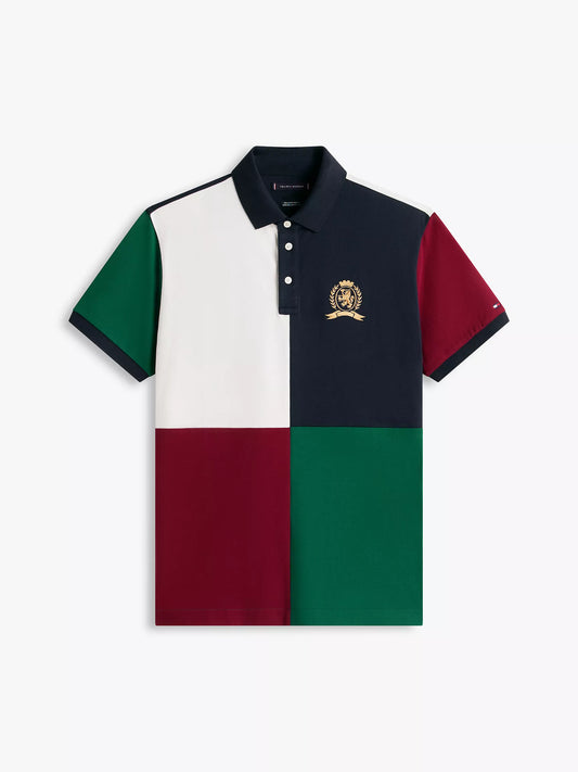 Polo en piqué stretch colorblock avec logo écusson Navy