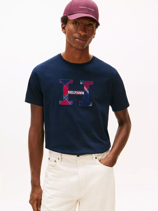 T-shirt à carreaux avec logo monogramme Navy