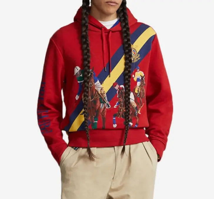 Pull à capuche rouge  avec imprimé équestre