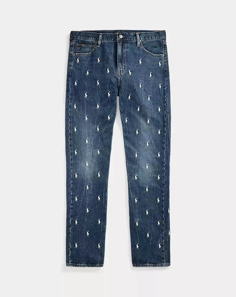 Jean Varick slim droit bleu pour homme – motif poney all-over